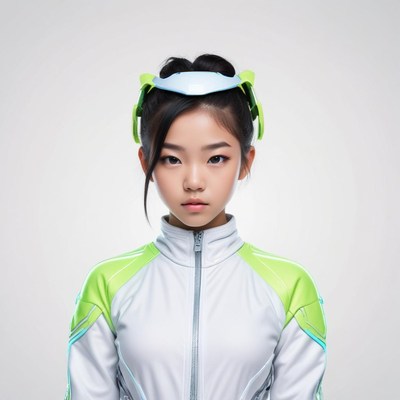 Young girl in futuristic outfit with unique headgear
