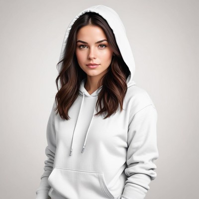 Young woman in white hoodie poses with confidence