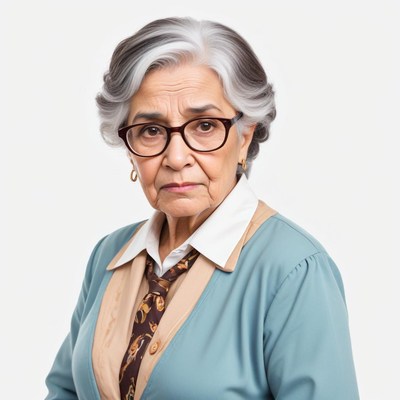 Elderly woman with glasses showing serious expression