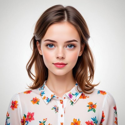 Young woman with floral shirt and bright eyes in soft light