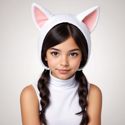 Young girl wearing a cat ear hat with braids