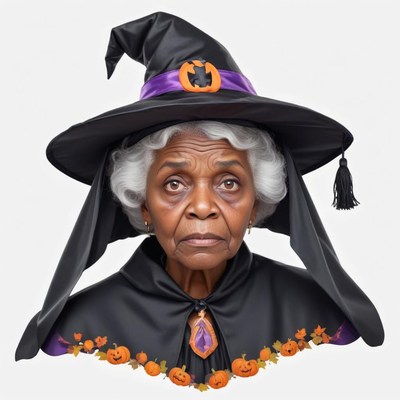 Elderly woman in witch costume with halloween decorations