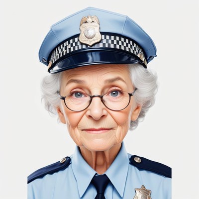 Elderly female police officer in uniform showing confidence