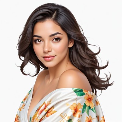 Young woman with flowing hair and floral shawl