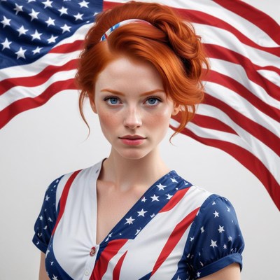 Young woman poses with american flag backdrop