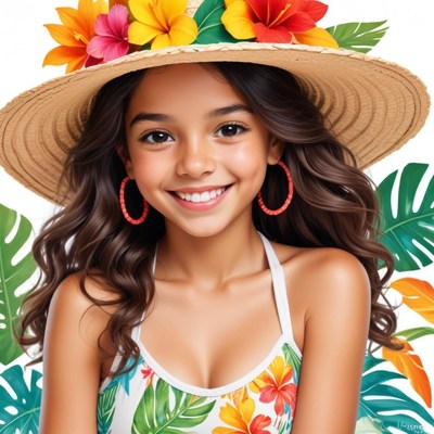 Smiling girl wearing a sun hat and floral swimsuit