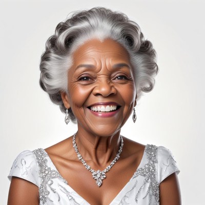 Elegant elderly woman smiling in formal attire