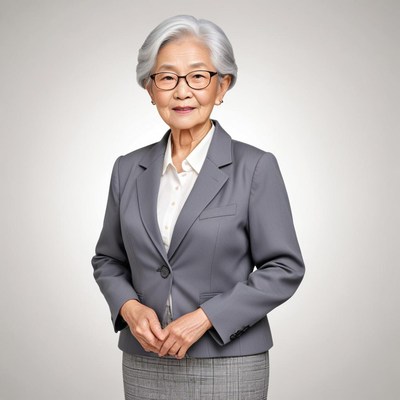 Elderly woman in smart business suit standing confidently