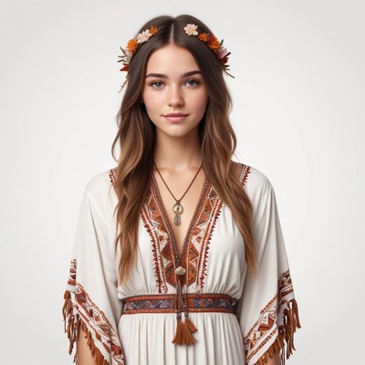Woman in bohemian dress with floral headband poses quietly