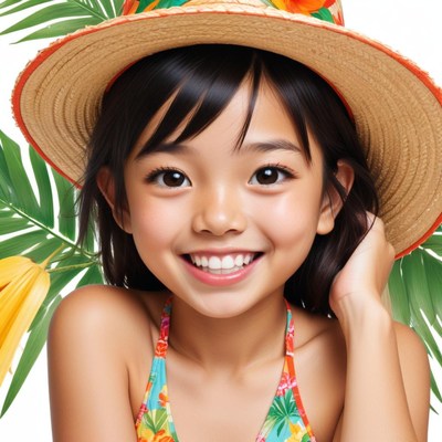 Happy child in tropical hat with bright smile