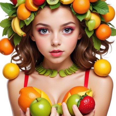 Girl with fruit headdress in colorful display of nature