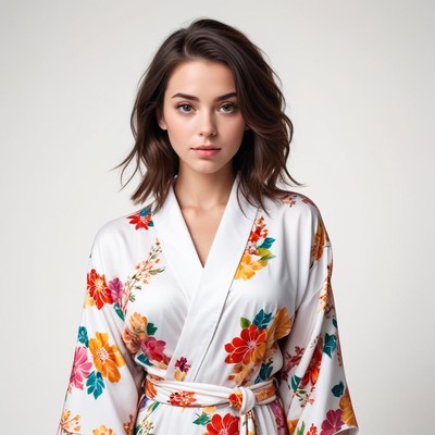 Model wearing floral robe in studio setting
