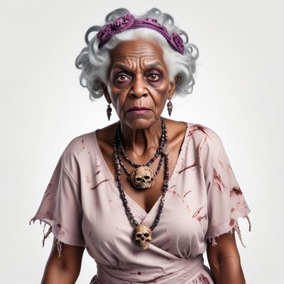 Elderly woman in eerie costume with skull accessories