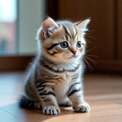 Cute kitten sitting on wooden floor in bright room