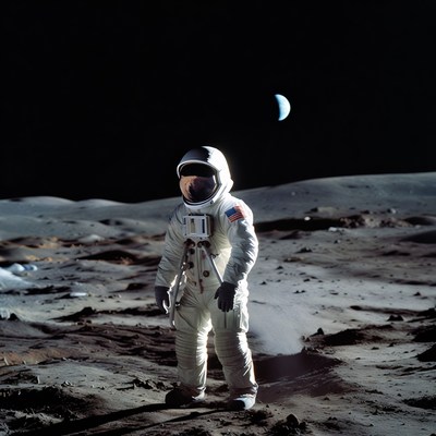 Astronaut explores the lunar surface with earth in view