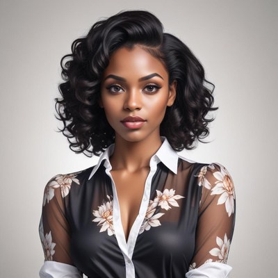 Elegant woman with curly hair in floral blouse
