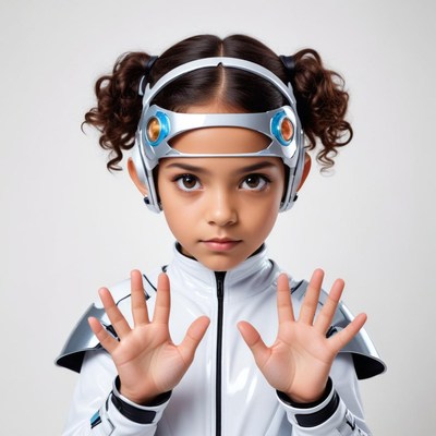 Young girl in futuristic outfit poses with hands raised