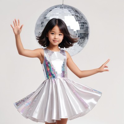 Young dancer in shiny dress with disco ball backdrop