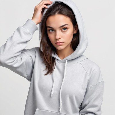 Young person in grey hoodie with serious expression