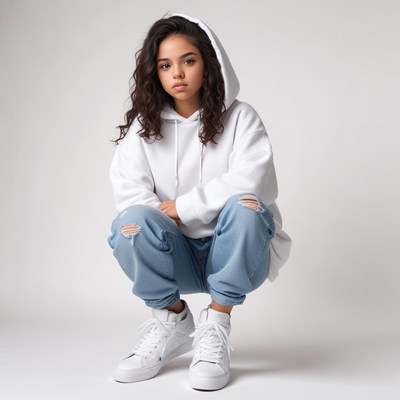 Casual indoor pose of young girl in stylish outfit