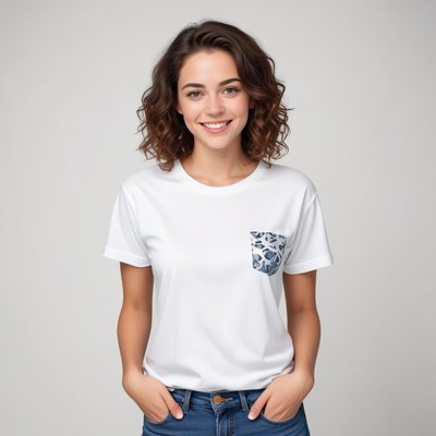 Smiling woman wearing a casual white t-shirt with pocket
