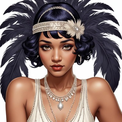 Charming woman in vintage attire with feathers and pearls