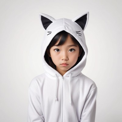 Child wearing a cute cat hoodie with focused expression