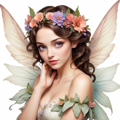 Enchanting fairy with floral crown and delicate wings