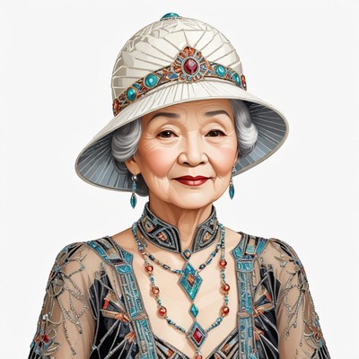 Elegant senior woman in ornate dress and hat