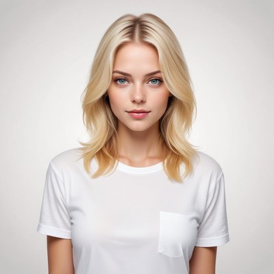 Young woman with blonde hair and blue eyes in white shirt