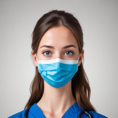 Health worker in blue scrubs wearing face mask