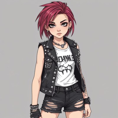 Edgy character design with pink hair in casual outfit