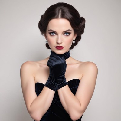 Elegant woman in black dress poses with glamour