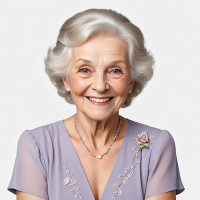 Joyful elderly woman smiling in a charming outfit