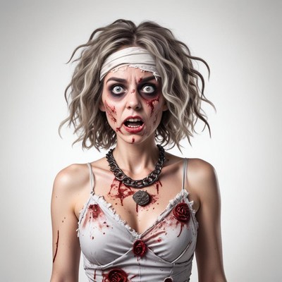 Scary character with disheveled hair and bloody attire