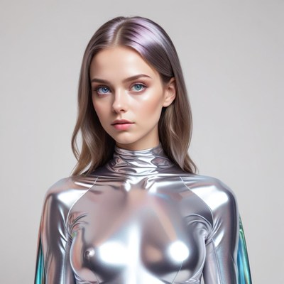 Model in shiny outfit poses with a serious expression