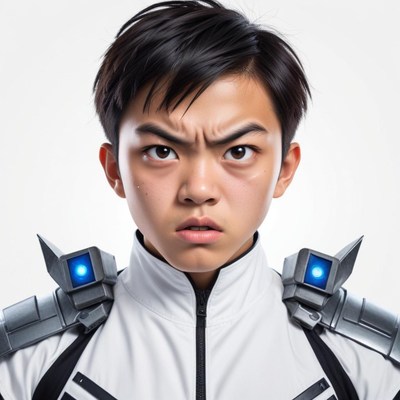 Young superhero in futuristic suit with intense expression