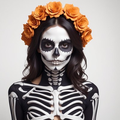Woman in skeleton makeup with floral headpiece