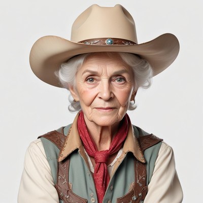 Elderly woman dressed as a cowboy in a neutral background
