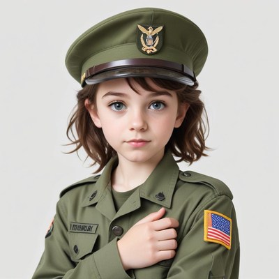 Child in military uniform poses confidently in studio