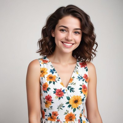 Young woman smiling in floral dress with natural hair