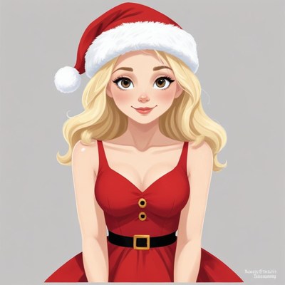 Christmas-themed character in festive outfit with santa hat