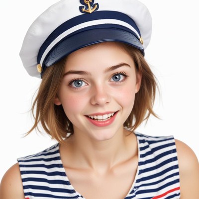 Young model wearing sailor hat and striped shirt indoors
