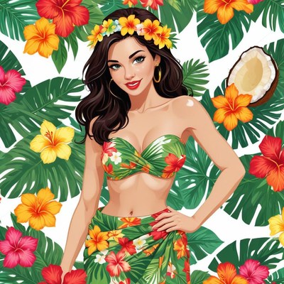 Fun tropical themed attire with vibrant floral patterns