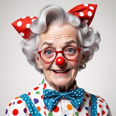 Senior clown with bright makeup and colorful outfit smiling