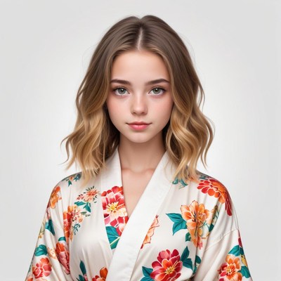 Young woman in floral robe poses for a close-up shot