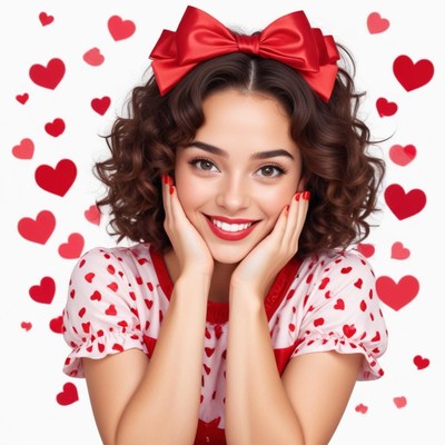 Joyful girl surrounded by red hearts during celebration