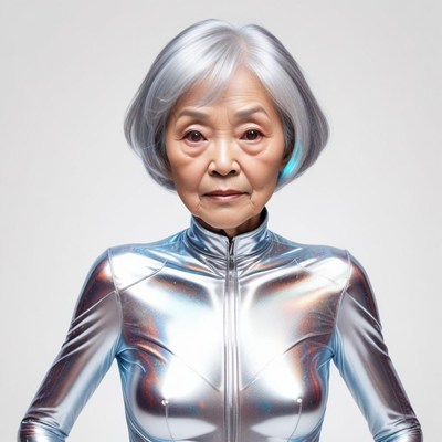 Silver-haired woman in futuristic outfit posing confidently