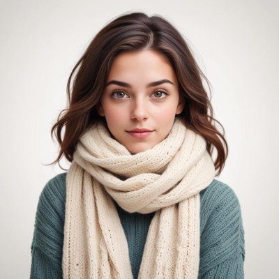 Young woman in a cozy sweater and scarf indoors