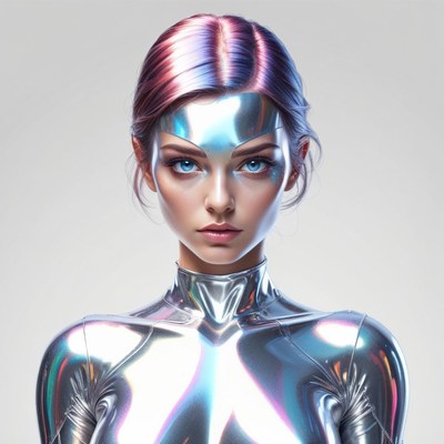 Futuristic woman with shiny skin in a modern setting